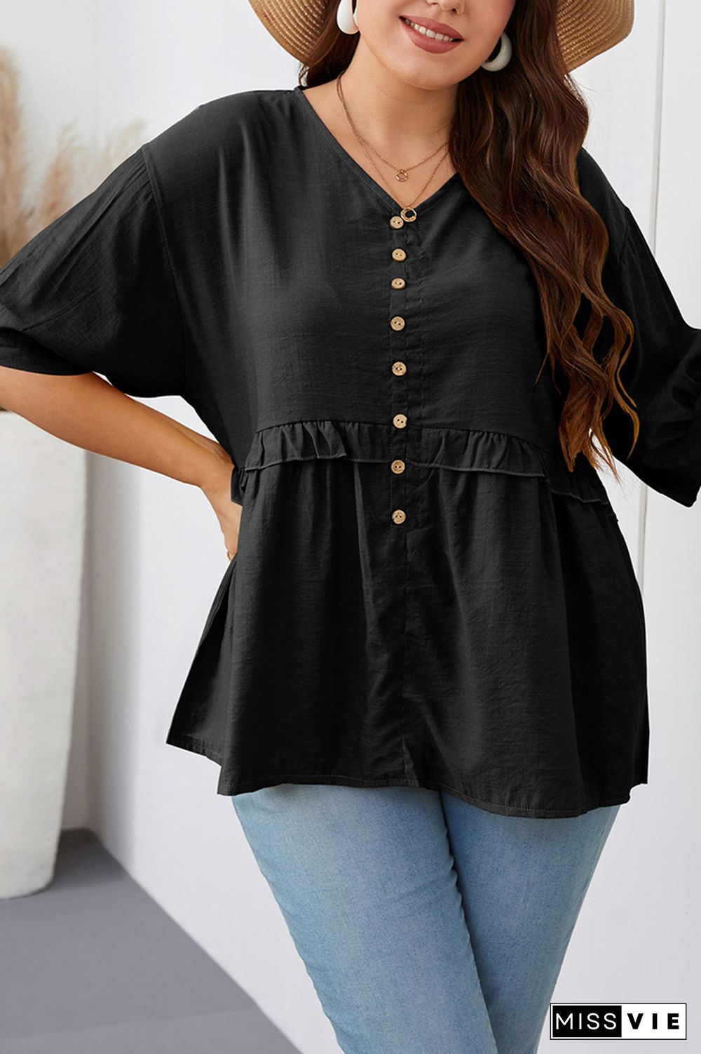 Button Down V Neck Ruffle Plus Size Top