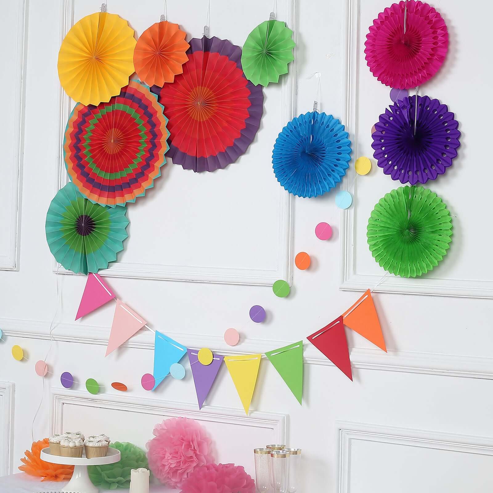 20Pcs Multicolored Hanging Fiesta Themed Party Decorations Kit, Paper Fans, Pom Pom Flowers, Polka Dot and Bunting Flag Garlands Included