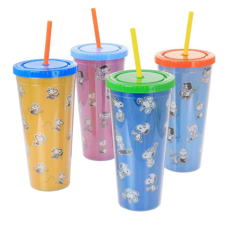 Gibson Peanuts 70th Anniversary 23.6 fl. oz. Assorted Colors Plastic Tumbler Set with Lids and Straws 985115915M