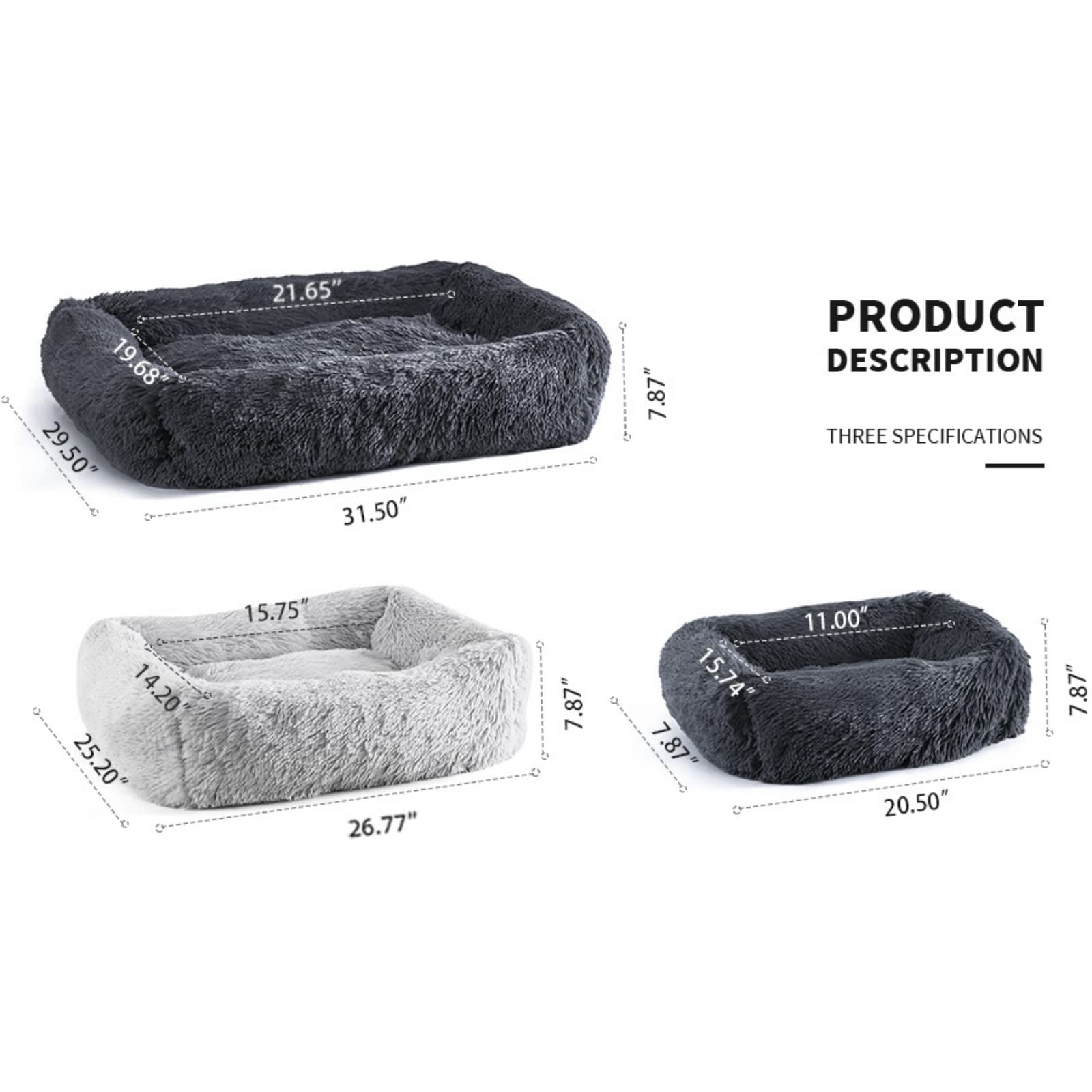 Rectangle Plush Dog Bed Cat Beds for Small Dogs，Washable Large Pet Beds Large（32x28x7in，Under 45 lbs）， Darkgrey