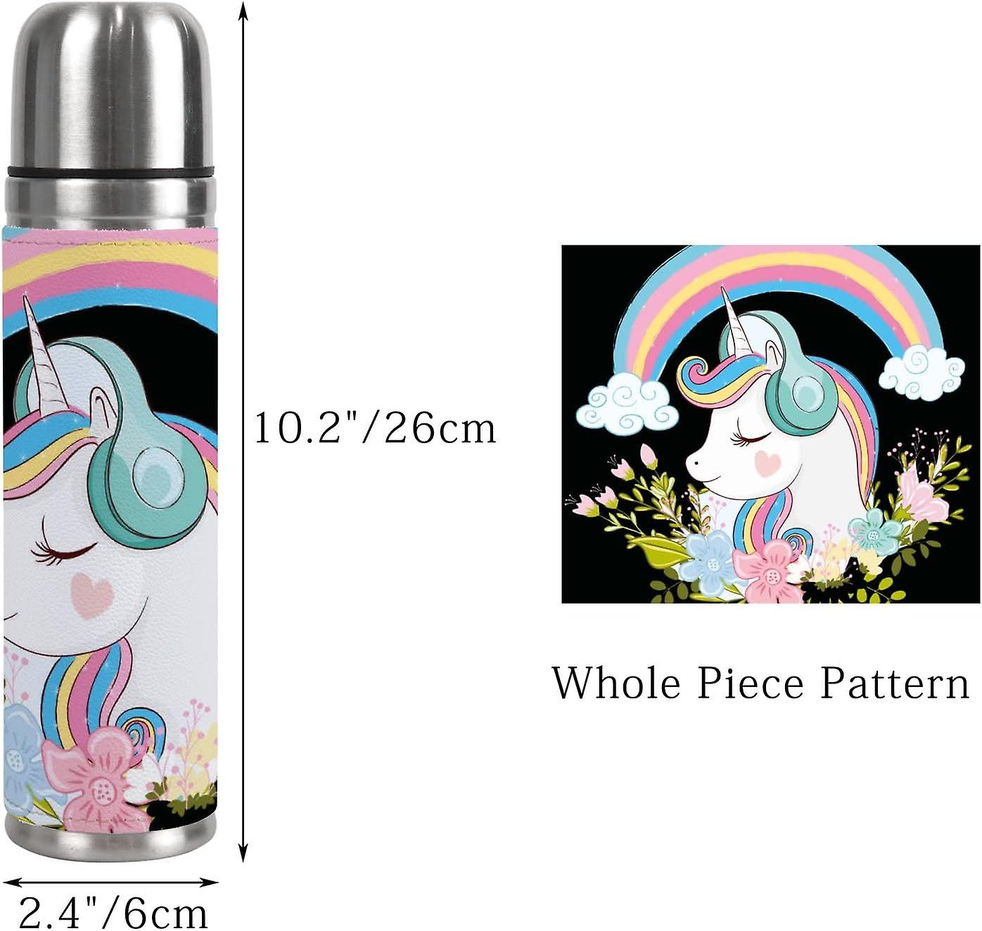 Insulated Mug Stainless Steel Water Bottle Unicorn With Flowers Rainbow On Black Vacuum Cup Travel Mug