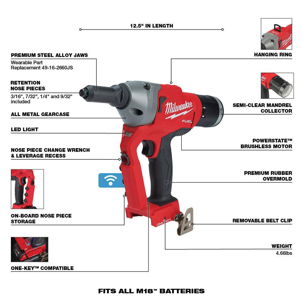 MW M18 FUEL ONE-KEY 18-Volt Lithium-Ion Cordless Rivet Tool w3.0 ah Battery 2660-20-48-11-1835