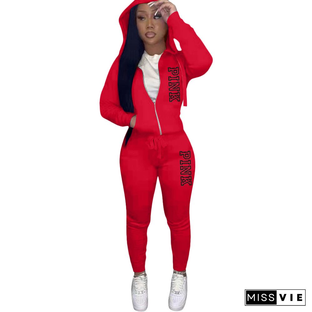 PINK Letter Print Hooded Coat Sporty Pants 2 Piece Set