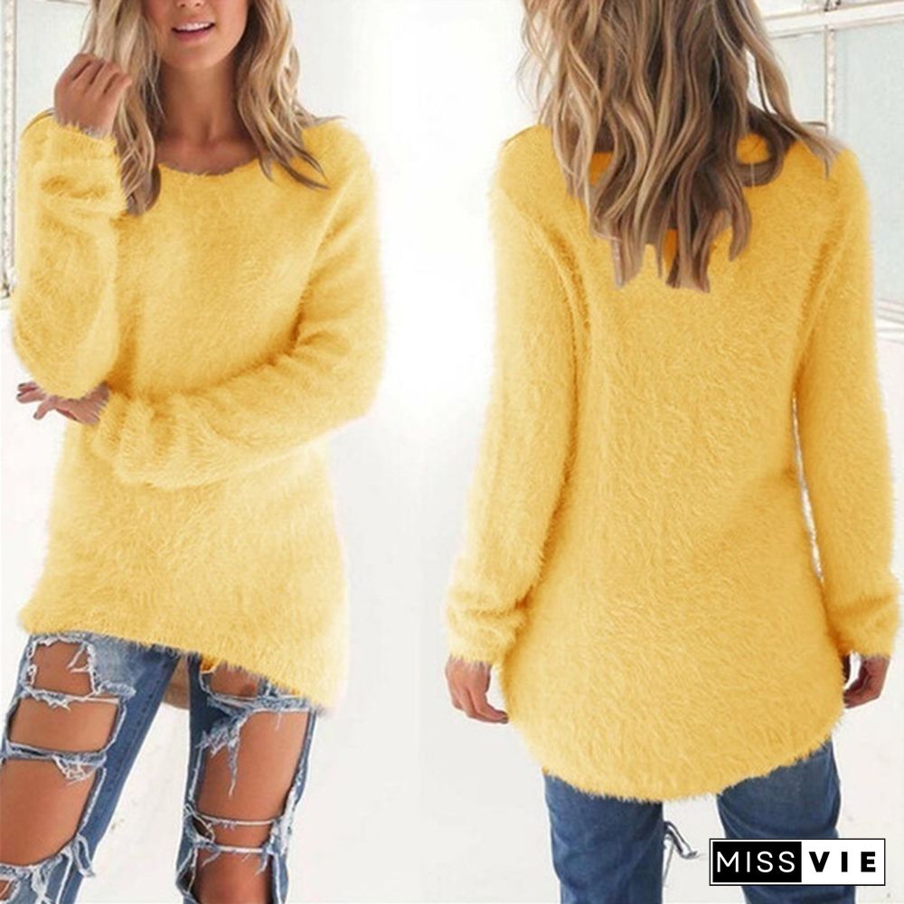 New Autumn and Winter Solid Color Warm Pullover Tops Women Long Sleeve Knitted Sweaters Plus Size