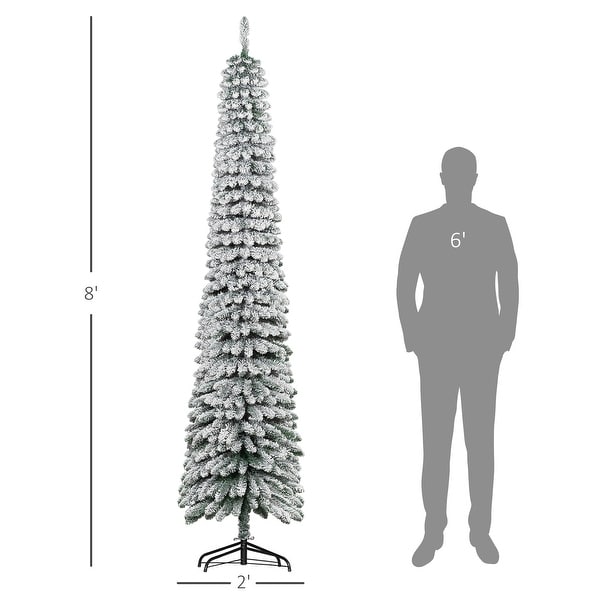 HOMCOM 8' Tall Unlit Snow Flocked Artificial Christmas Tree，Slim Pencil Xmas Tree with Realistic Branches and 603 Tips，Green