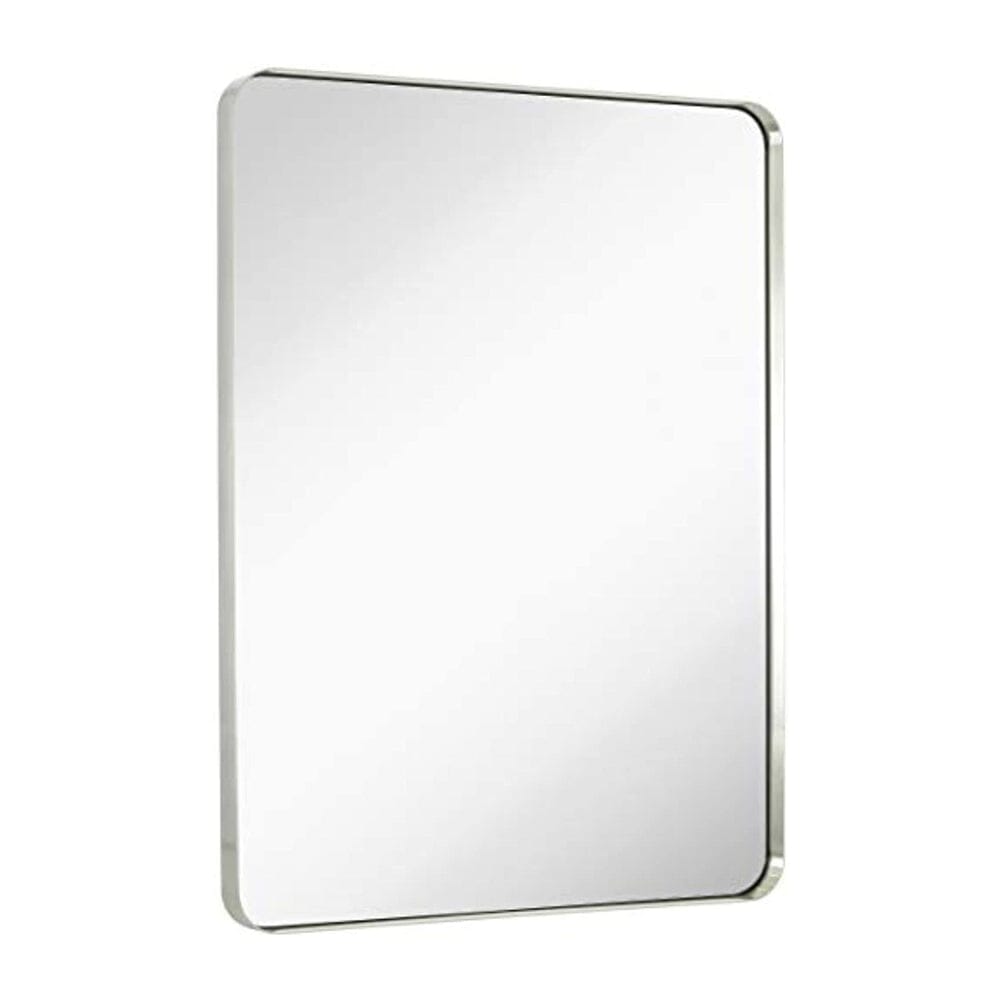 Contemporary Brushed Metal Wall Mirror | Glass Panel Silver Framed Rounded Corner Deep Set Design (30