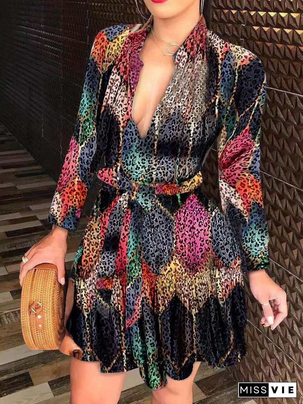 Women'S Dresses Printed Shirt Neck Tie Long Sleeve Dress