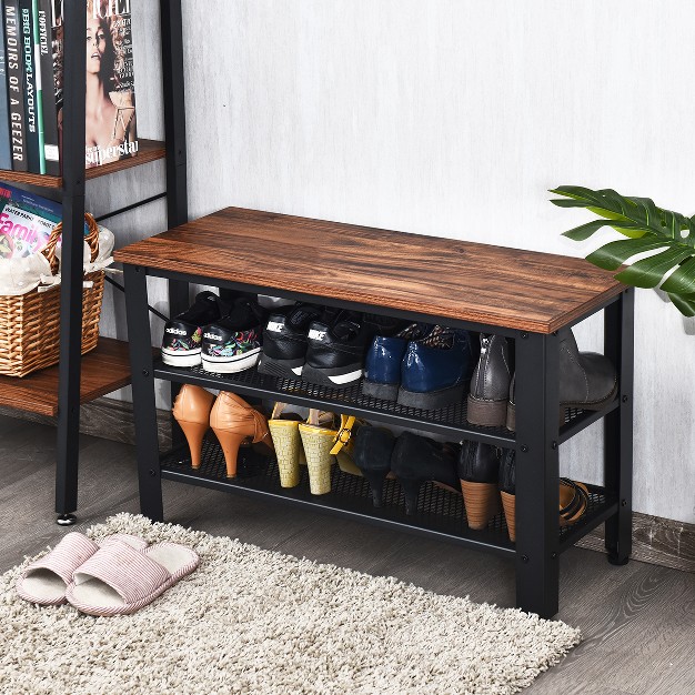 3 tier Shoe Rack industrial Shoe Bench With Storage Shelves For Livingroom Brown