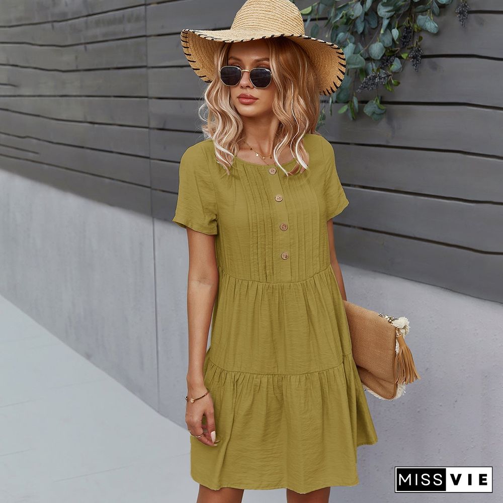 Women's Solid Color Dress Spring and Summer Short Sleeve Cotton Skirt