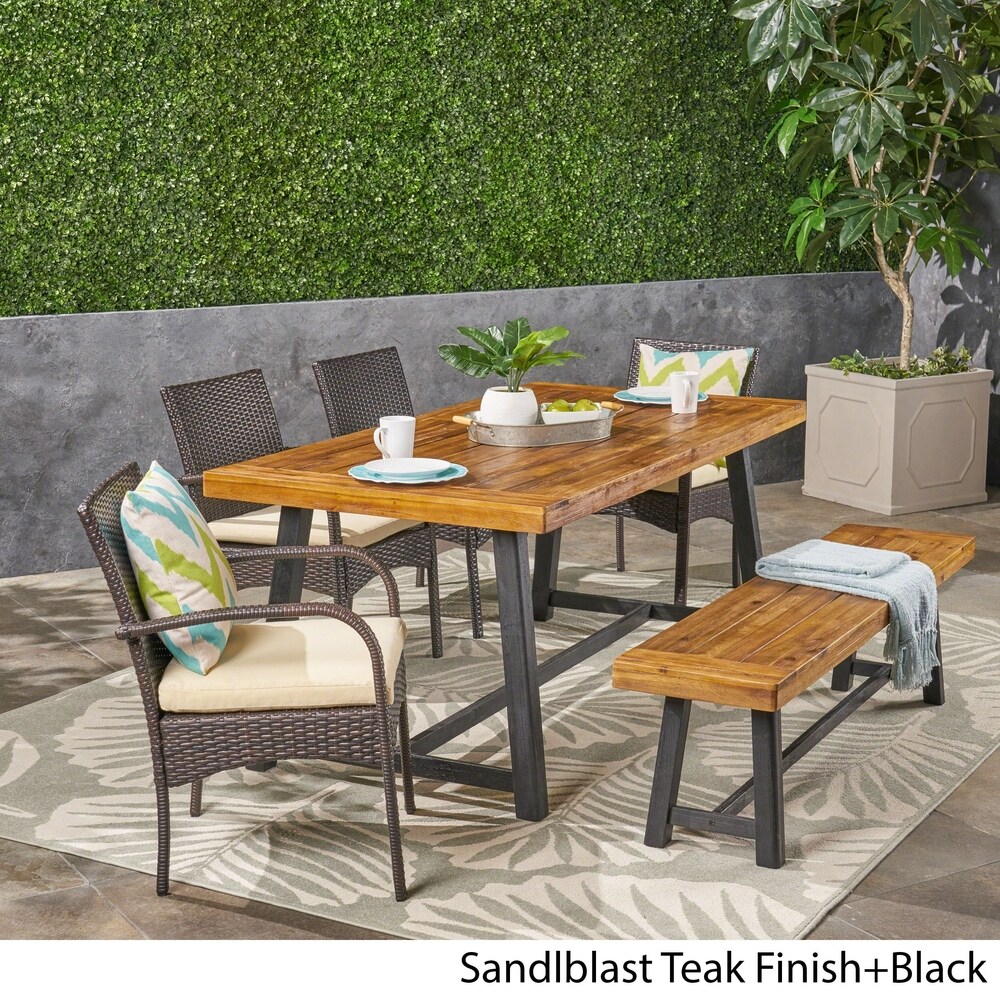 Tara Outdoor 6 Piece Wood and Wicker Dining Set with Chairs and Bench by Christopher Knight Home