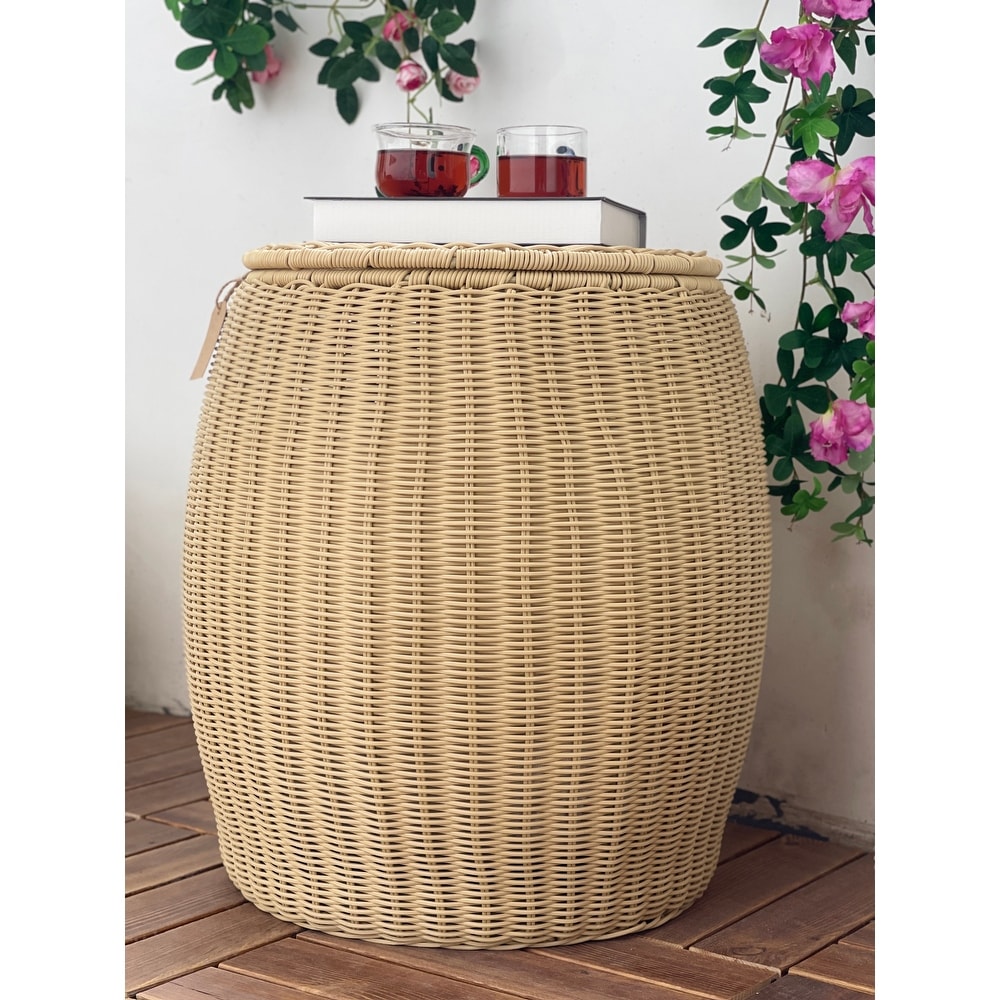 Outdoor Indoor Wicker Storage Ottoman With Lid Boho Side Table