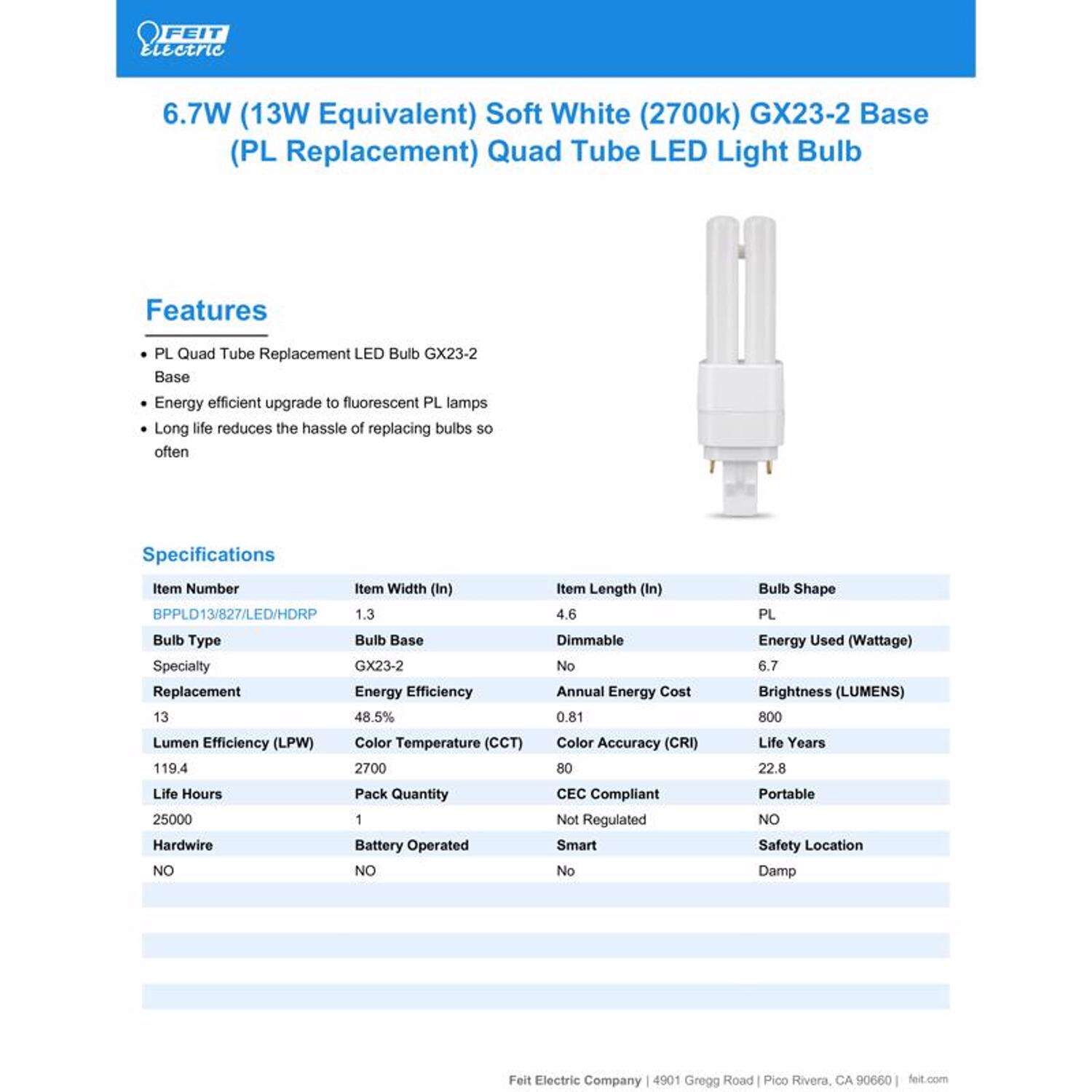 Feit LED Linear PL GX23-2 LED Tube Light Soft White 13 Watt Equivalence 1 pk