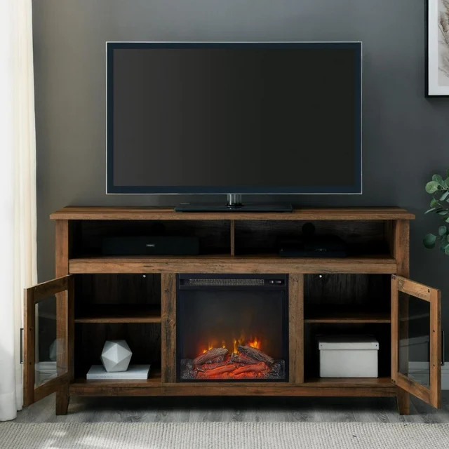 Rustic TV Stand  Center Fireplace  ampAmple Storage Space  Textured Brown Finish   Rustic   Entertainment Centers And Tv Stands   by Declusia  Houzz