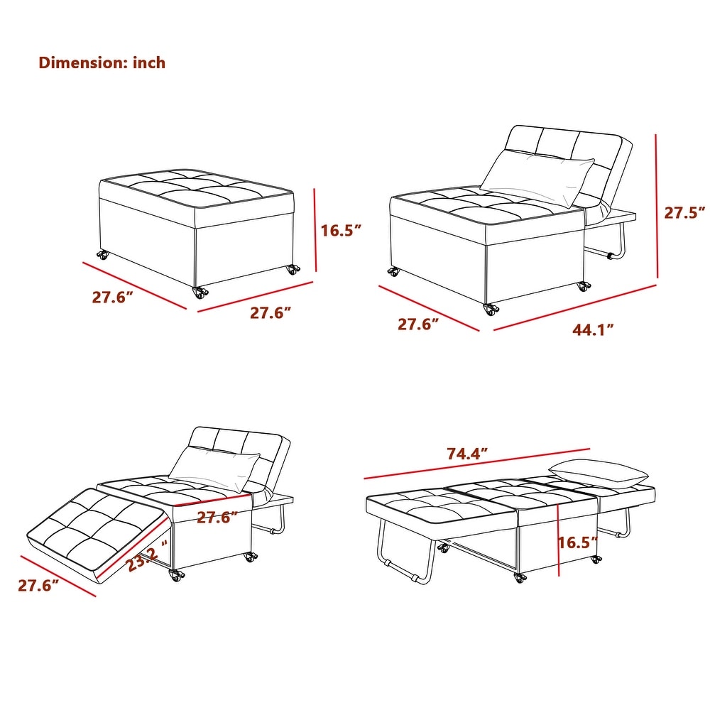 Velvet Sofa Bed  Convertible Chair 4 in 1 Multi Function Folding Ottoman Sleeper with Adjustable Backrest for Small Spaces