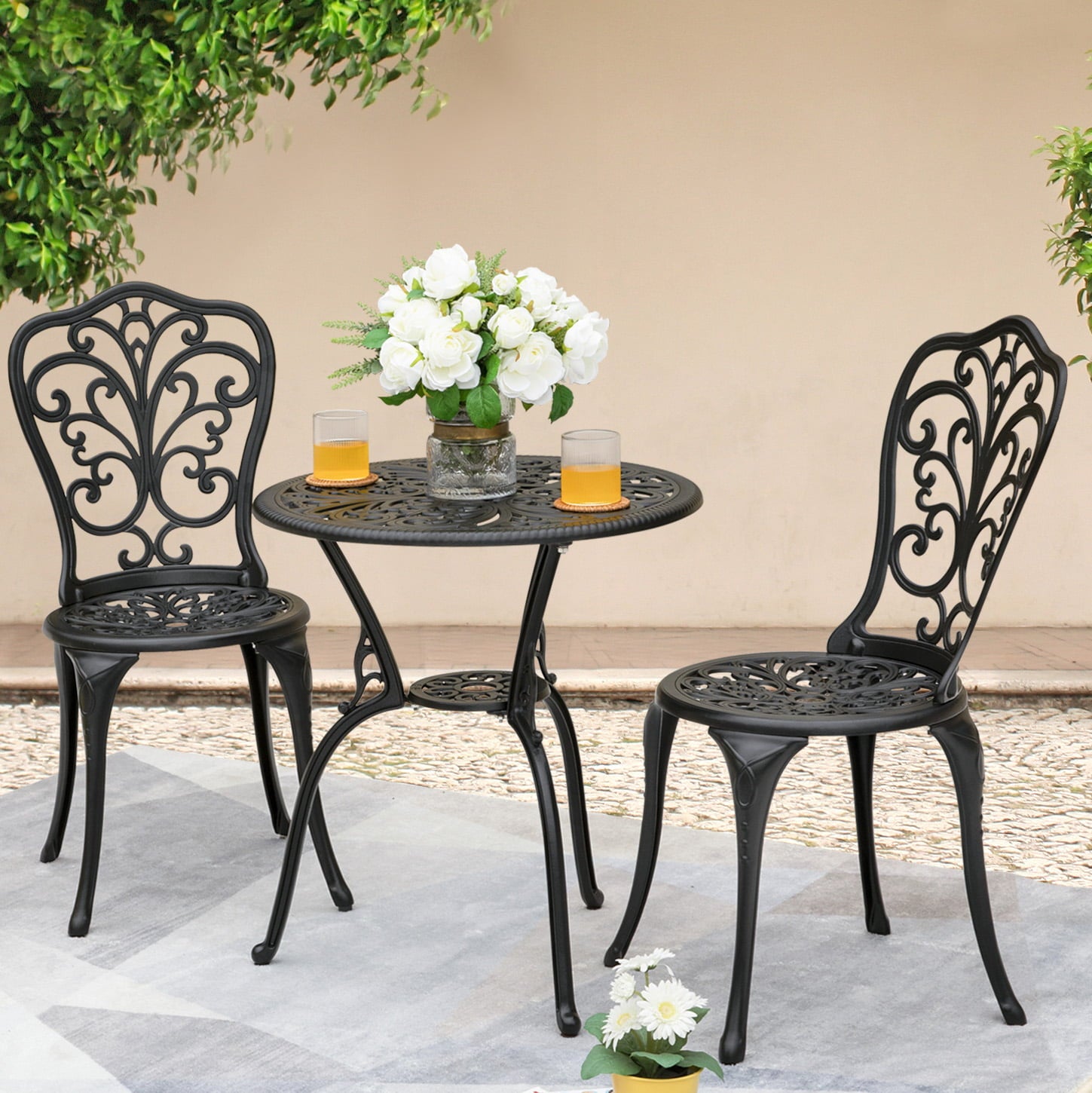 Nuu Garden Outdoor 3-Piece Cast Aluminum Patio Set with Umbrella Hole， Patio， Garden， Backyard and Balcony， Black with Gold Points