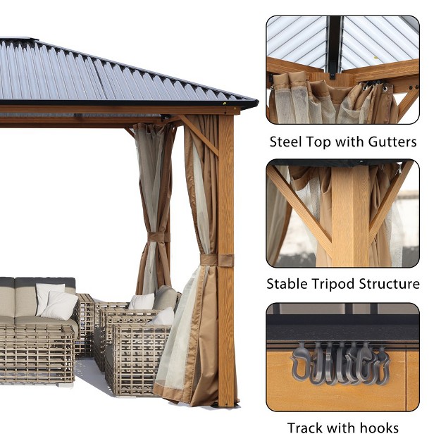 Aoodor Gazebo Polycarbonate Roof Wooden Print Aluminum Frame With Mosquito Netting And Curtain