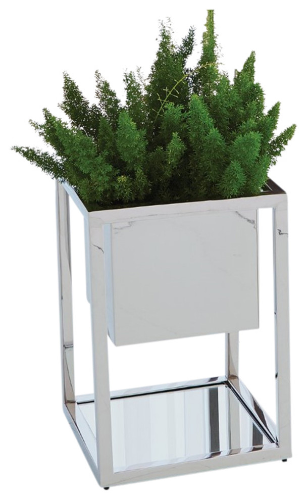 Minimalist Mirrored Square Silver Metal Pedestal Stand  Table Planter Open 20 quot  Contemporary   Plant Stands And Telephone Tables   by My Swanky Home  Houzz