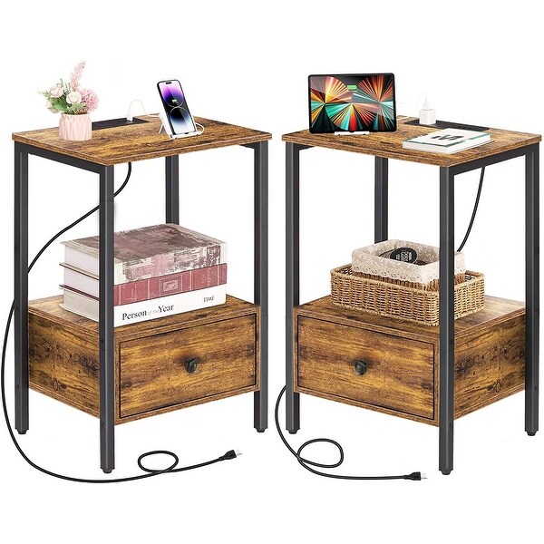 2 PCS Side Table with Charging Station with USB Ports and Power Outlets - - 36970015