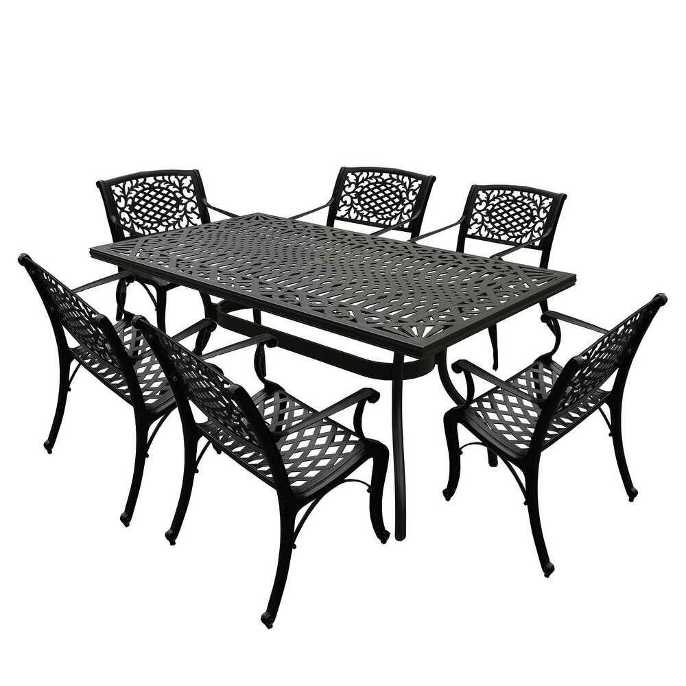 Modern Ornate Outdoor Mesh Aluminum 68 in Rectangular Patio Dining Set with Six Chairs   N/A