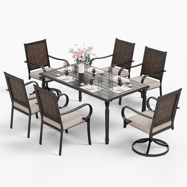 MAISON ARTS 7piece Patio Dining Set With 1 Metal Table and 6 Rattan Chairs