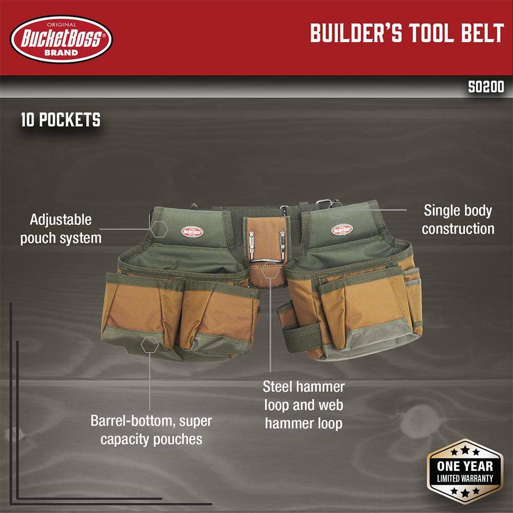 BUCKET BOSS 23.75 in. 10-Pocket Builder's Rig Tool Belt 50200