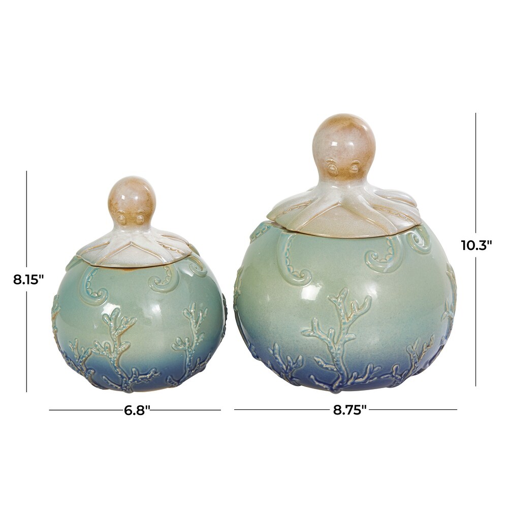 Blue Ceramic Octopus Ombre Textured Decorative Jars with Coral Details  Set of 2 10\