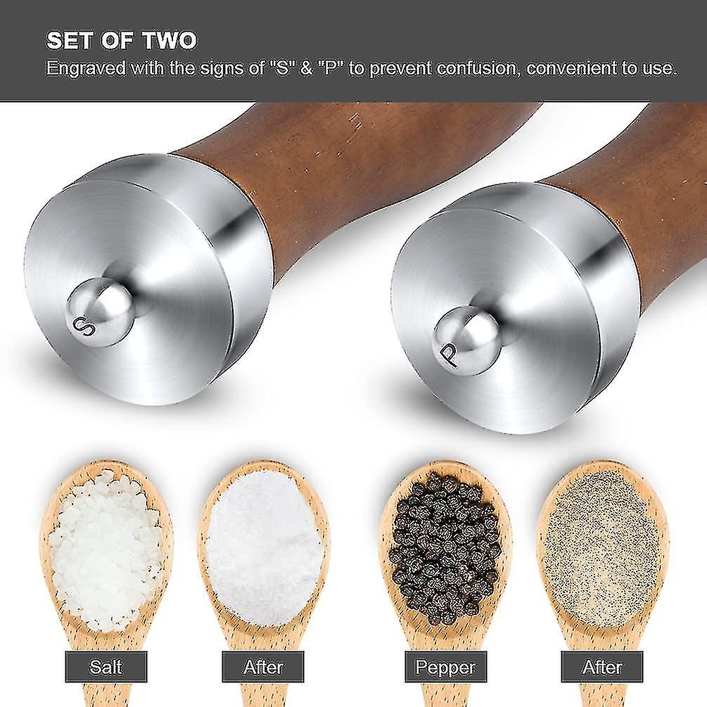 8in Salt And Pepper Grinder Set - Wooden Salt And Pepper Mill Shaker Easy Adjustable Ceramic