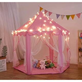 Watnature Kids Play Tent with LED Lights Princess Castle Tent Hexagon Large Playhouse Toys for Children Indoor Outdoor Games Warmtent