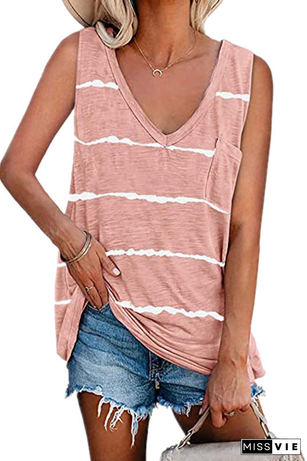 Pink V-Neck Striped Tank Top