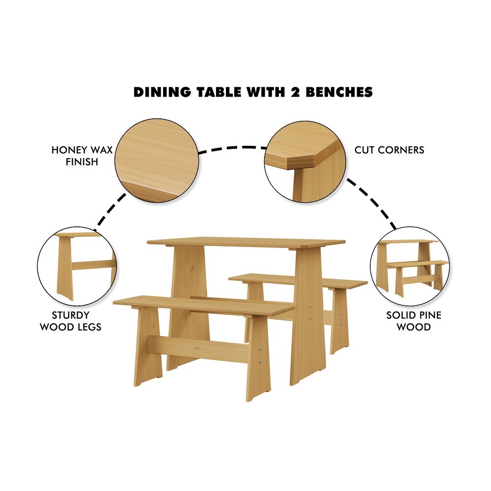 Chapman Farmhouse 3 Piece Solid Pine Wood Dining Set with 2 Benches