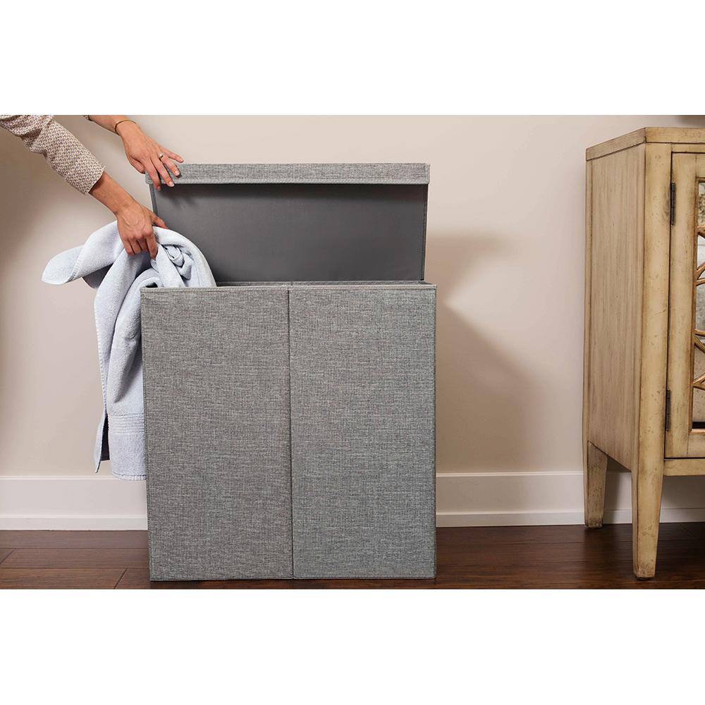 BirdRock Home Grey Double Linen Laundry Hamper with Lid and Removable Liners 1205