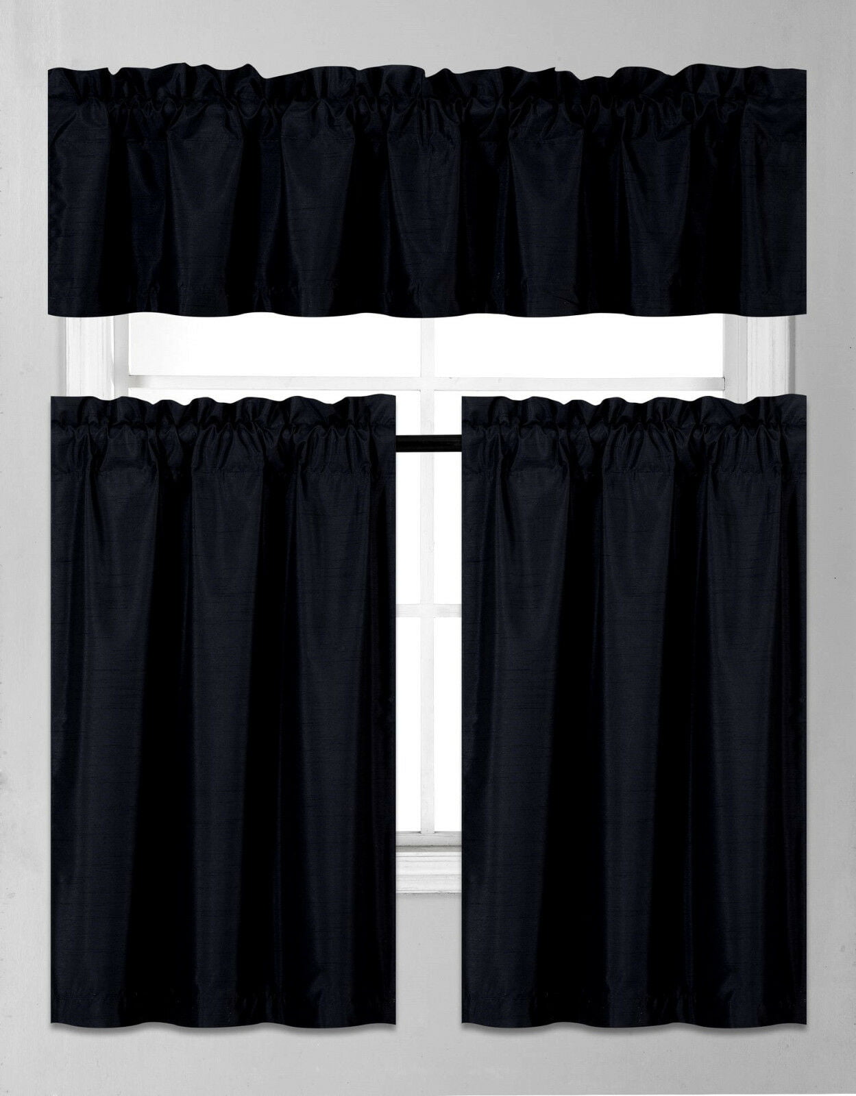 K3 SET KITCHEN BLACK 3 PIECES 2 PANELS ，1 VALANCE， BATHROOM， WINDOW CURTAIN BLACKOUT DRAPE PANEL ROD POCKET INCLUDES 2 TIER PANELS 30 WIDE X 36 LONG EACH PANEL + 1 VALANCE 60 WIDE X 14 LONG