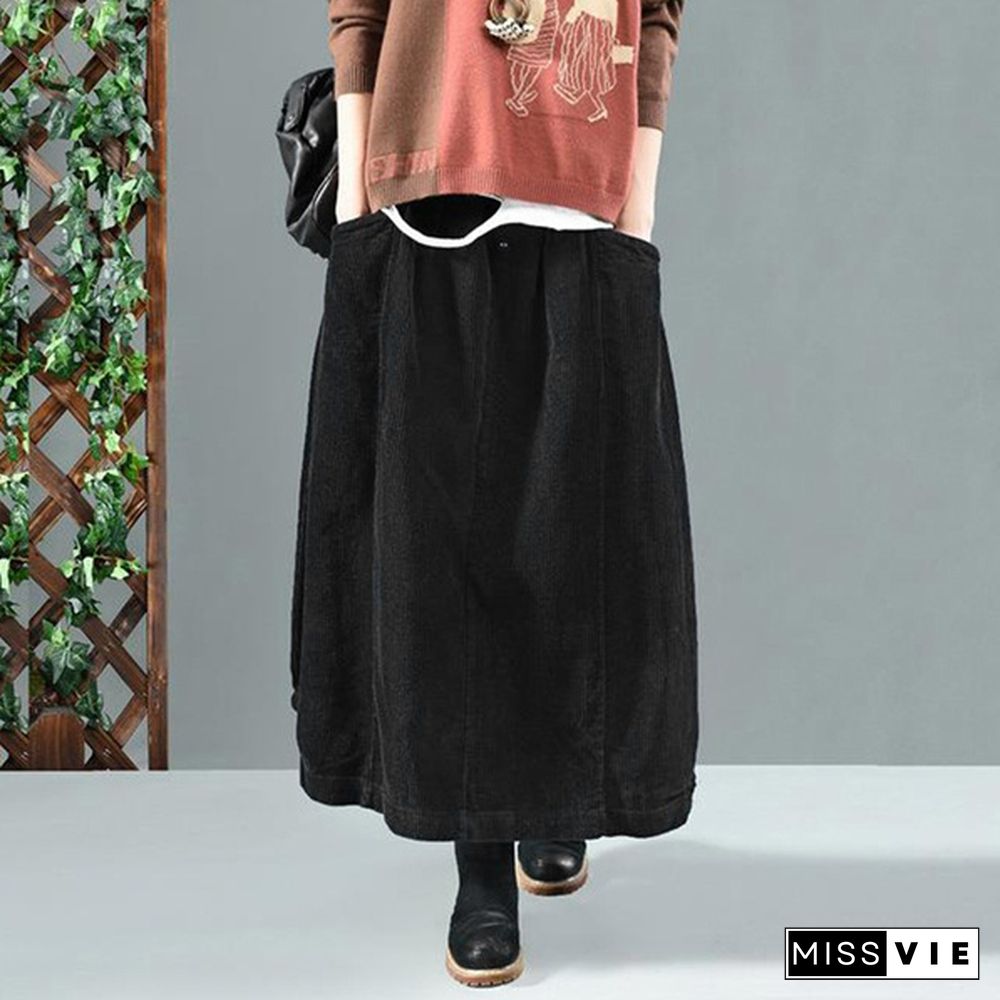 Women High Waist Oversized Loose Dress Button Down Corduroy Long Maxi Skirt Plus Size