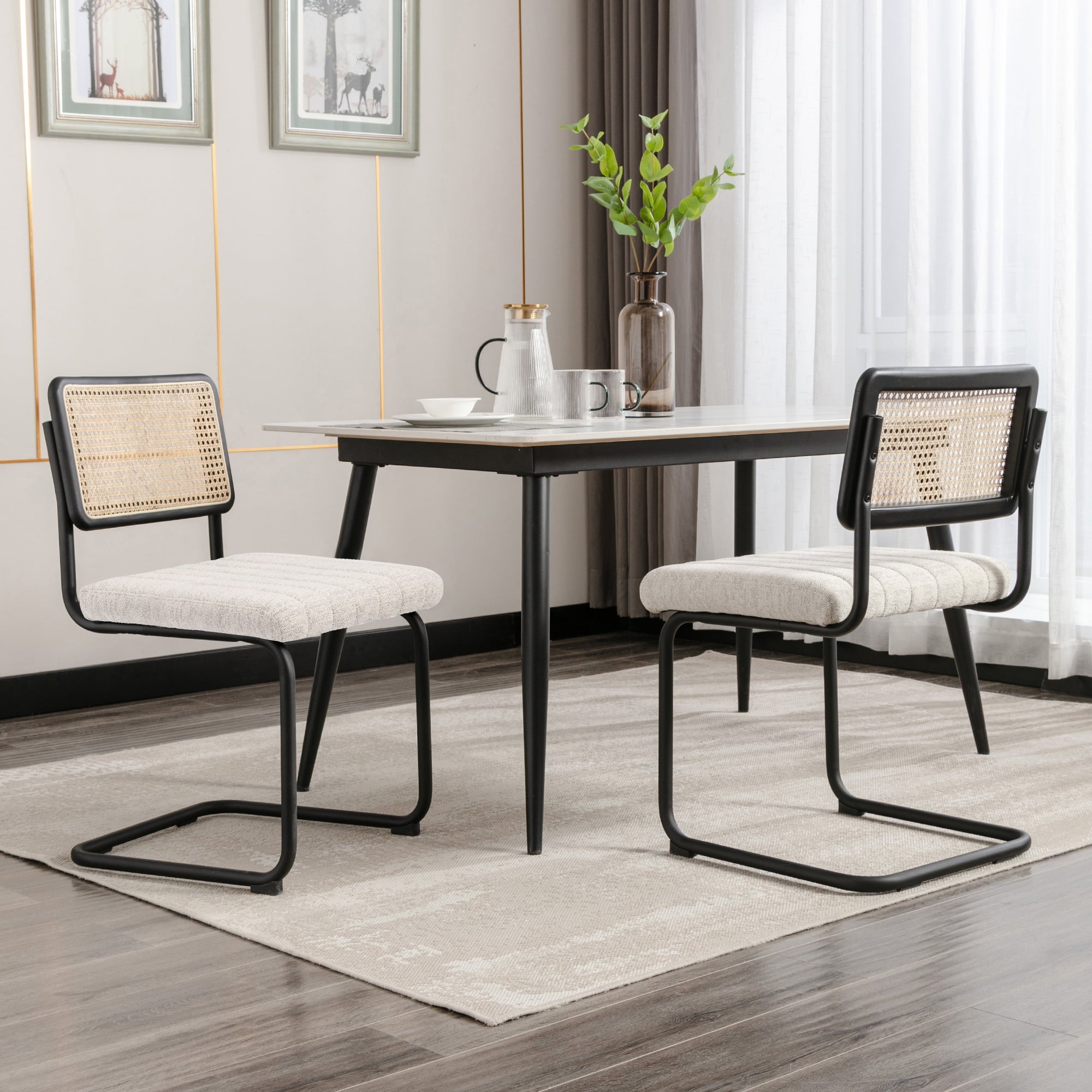 Zesthouse Beige Linen Dining Chairs Set of 2, Rattan Upholstered Kitchen Chairs with Cane Back and Black Metal Legs, Mid-Century Modern Side Chair for Living Room