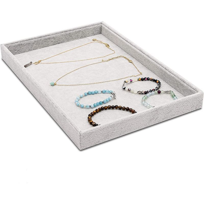 Grey Velvet Stackable Jewelry Tray for Necklaces， Rings， Bracelets， Pendants (13.8 x 9.5 In)