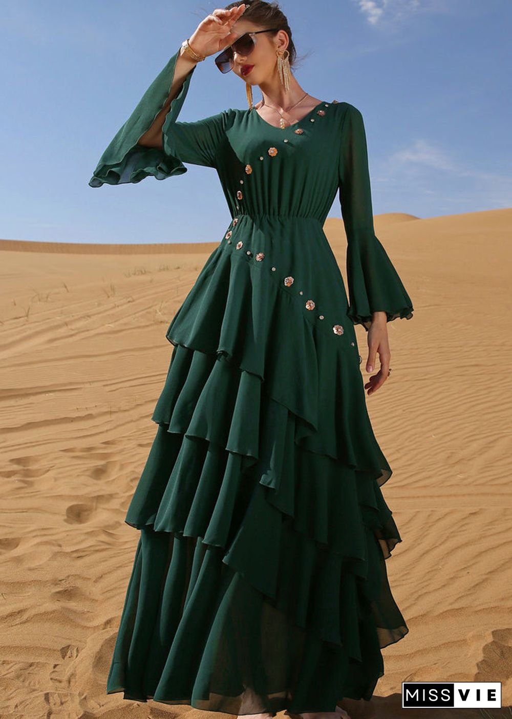 Bohemian Blackish Green Wrinkled Sashes Chiffon Long Beach Dress Long Sleeve