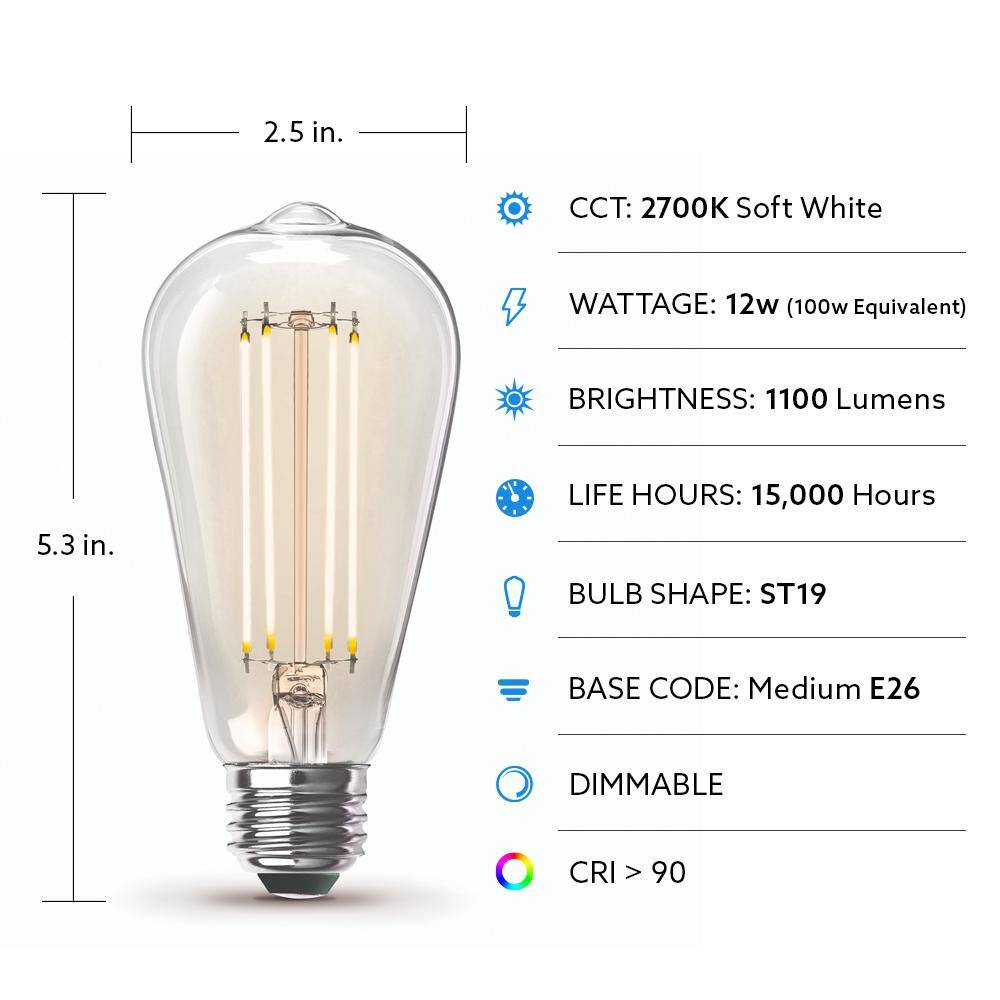 Feit Electric 100-Watt Equivalent ST19 Dimmable Straight Filament Clear Glass Vintage Edison LED Light Bulb Soft White (16-Pack) ST19100CL927CA44