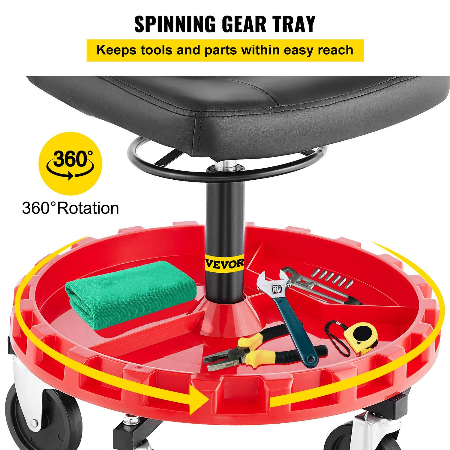 VEVORbrand Pneumatic Stool，400 LBS Rolling Garage Stool，22in to 26in Adjustable Height，Round Shop Stool with Parts Tray，All-Terrain 5in Casters with Two Brakes Mechanic Roller Seat