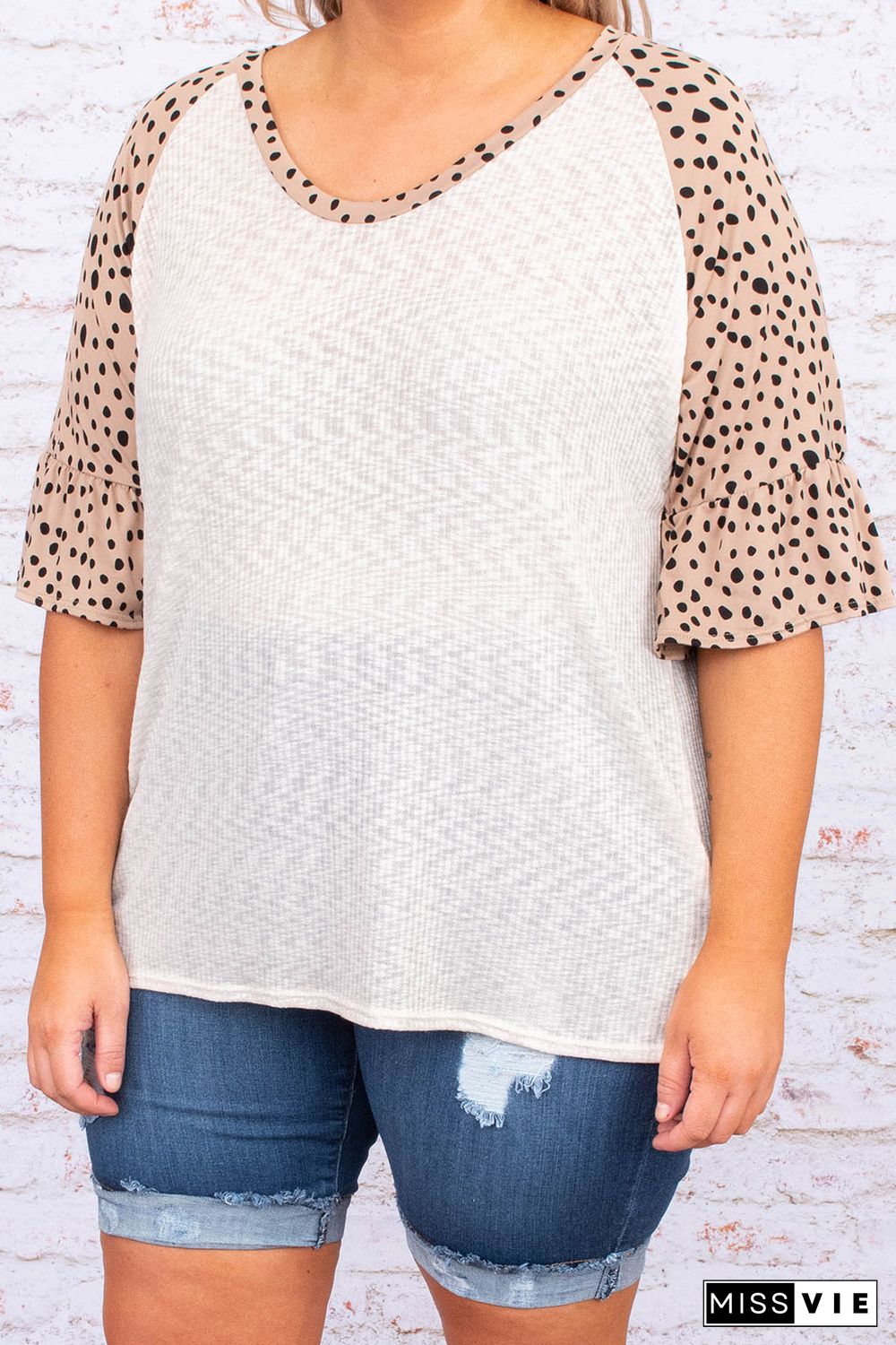 Leopard Splice Ruffle Half Sleeve Plus Size T Shirt