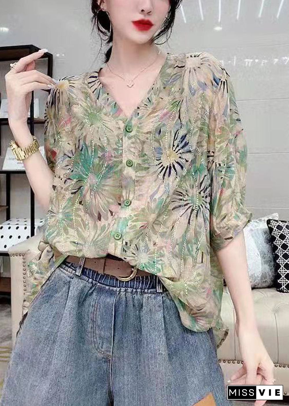 Women Green V Neck Button Diamonds Print Chiffon Shirt Top Short Sleeve