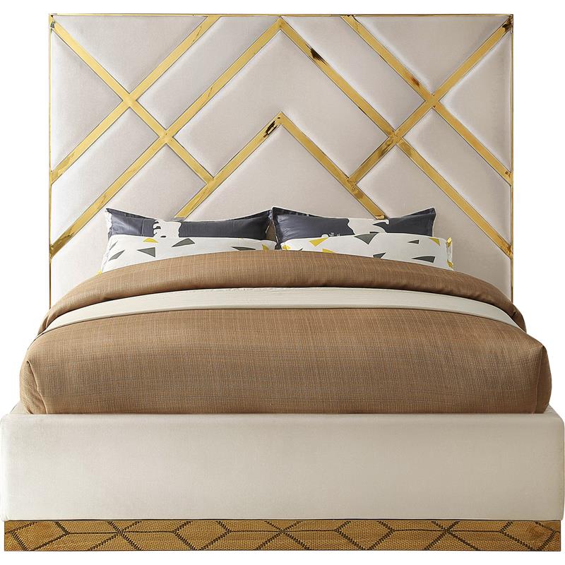 Meridian Furniture Vector Rich Velvet Queen Bed in Cream