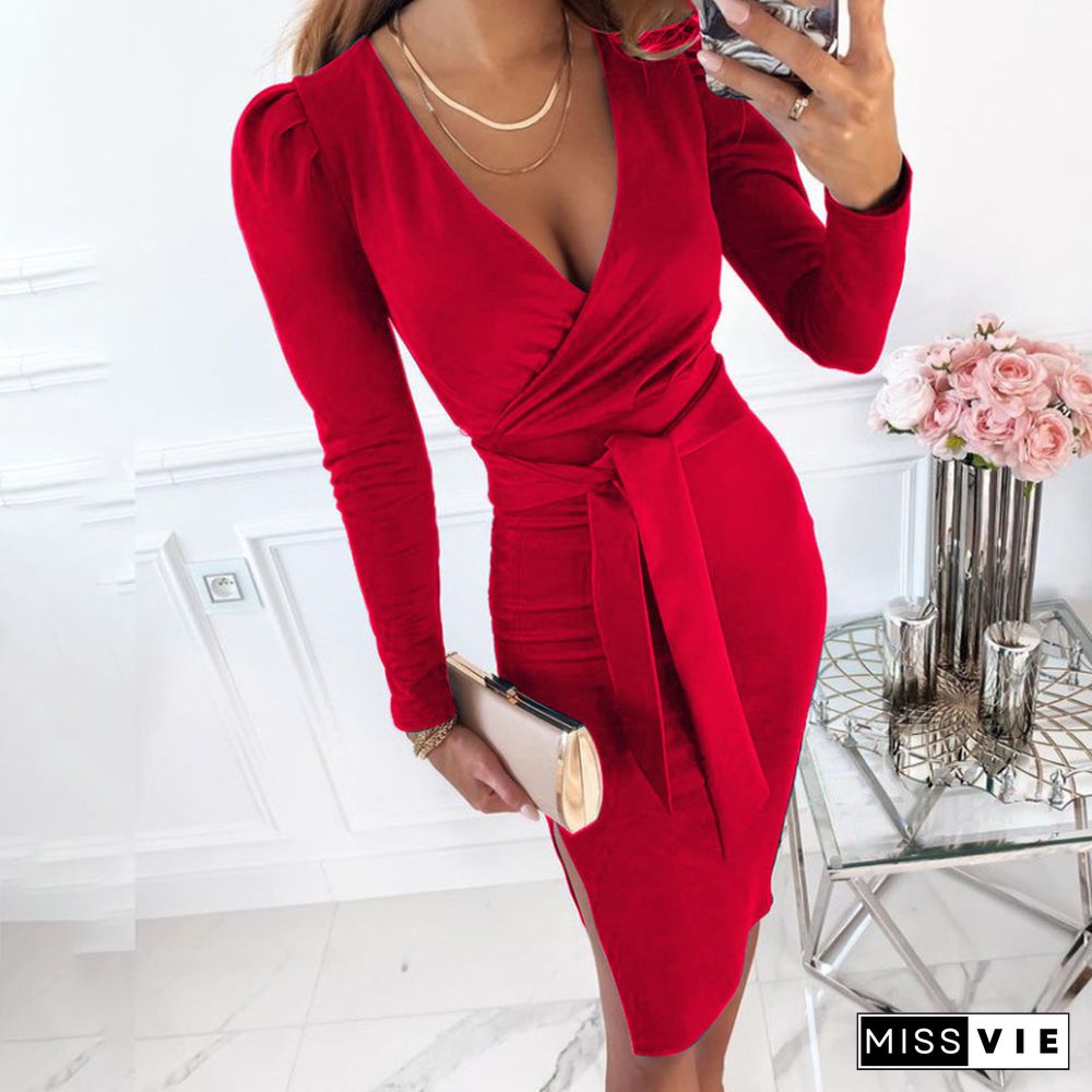 Autumn Deep V-Neck Slim Dress Office Ladies Casual Long Sleeve Solid Dress Women Elegant Sexy Split Party Dress Vestidos