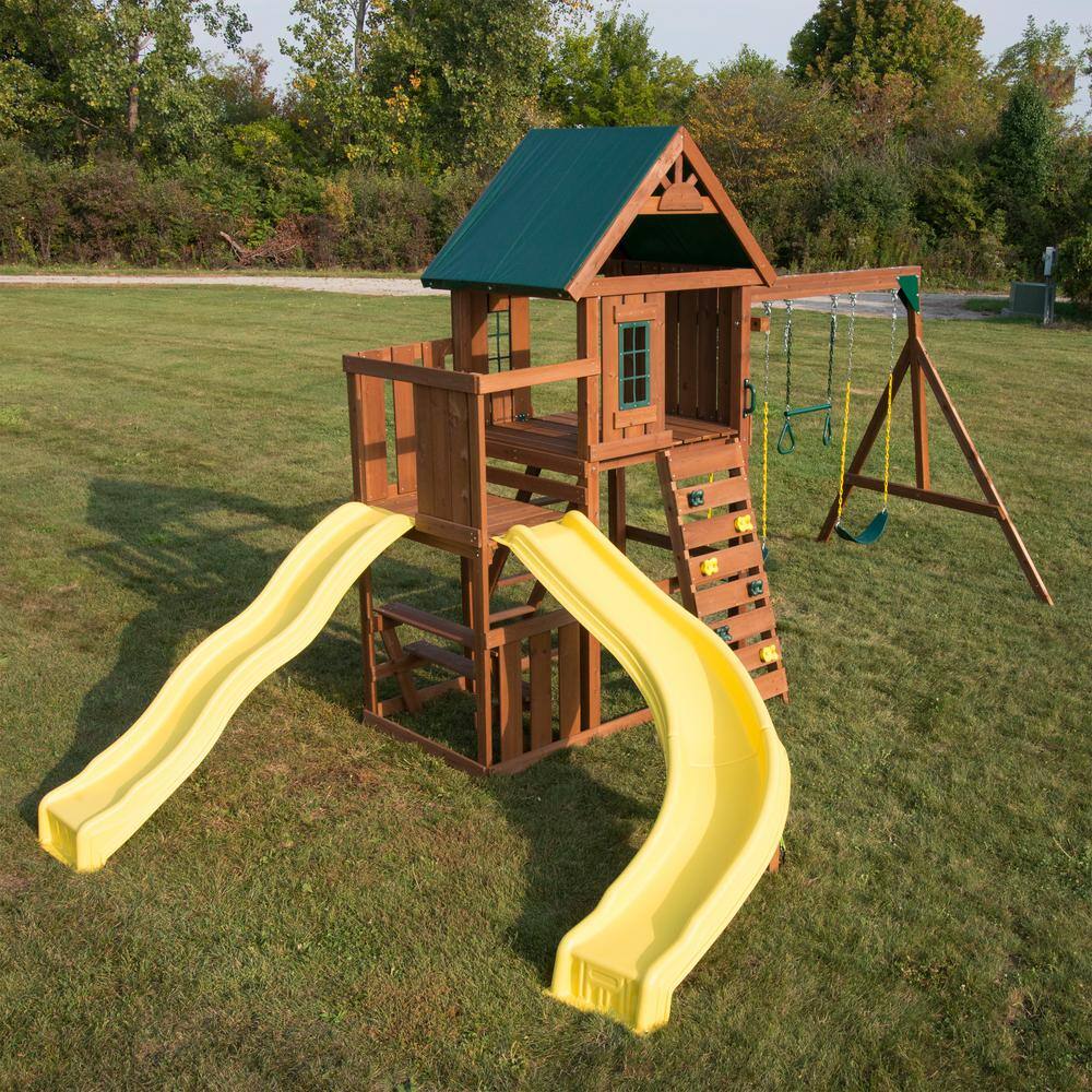 Swing-N-Slide Playsets Castlebrook Ready-To-Assemble Wooden Outdoor Playset with 2 Slides Rock Wall Swings and Swing Set Accessories WS 8355