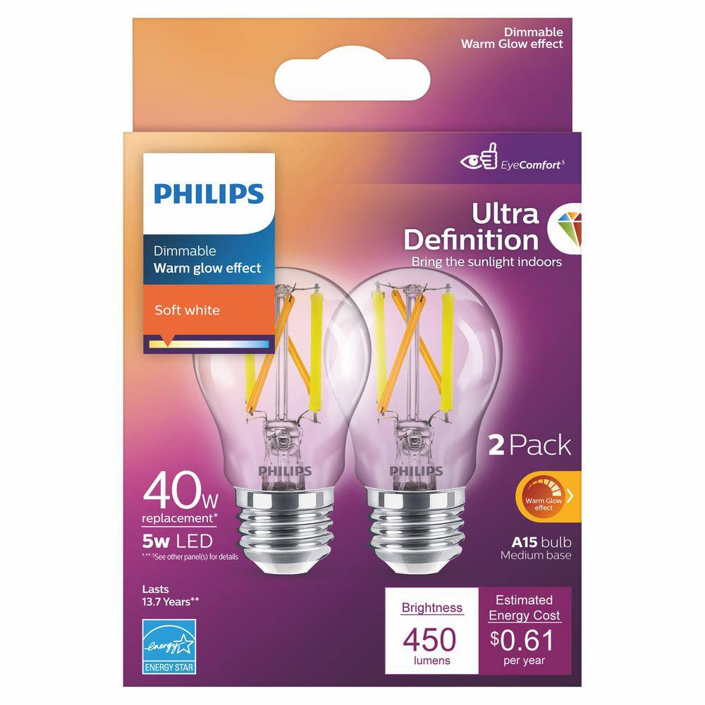 Philips 40-Watt Equivalent A15 Ultra Definition Dimmable Clear Glass E26 LED Light Bulb Soft White with Warm Glow 2700K (2-Pack) 564385