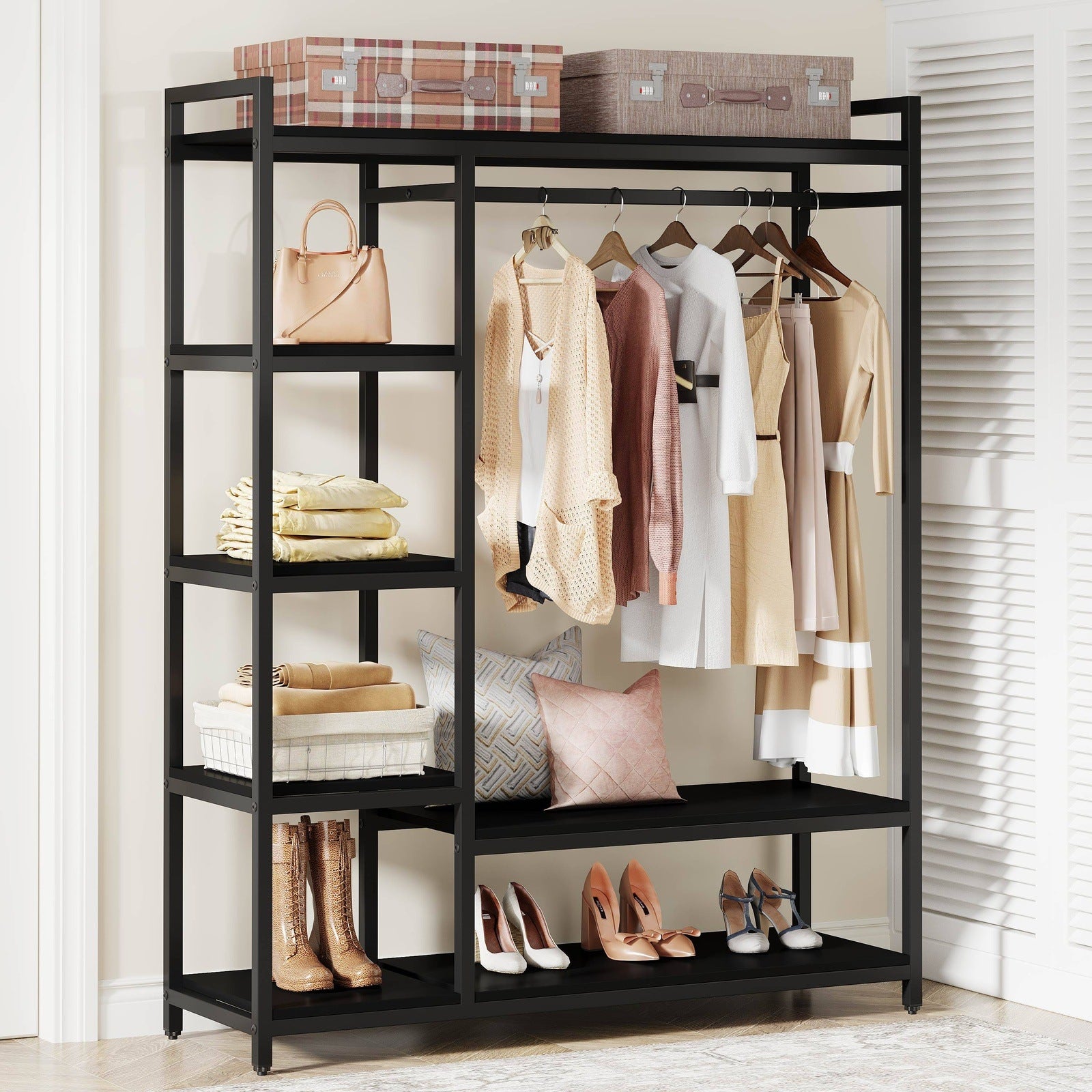 Freestanding Closet Organizer with 6 Shelves and Hanging Bar