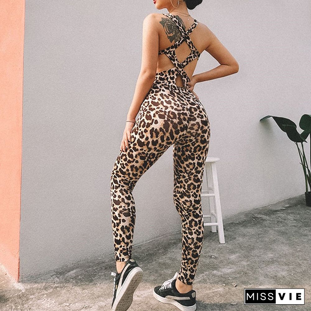 Women Fashion Leopard Printed Yoga Sports Fitness Overalls Bodysuit Sleeveless Backless Jumpsuit