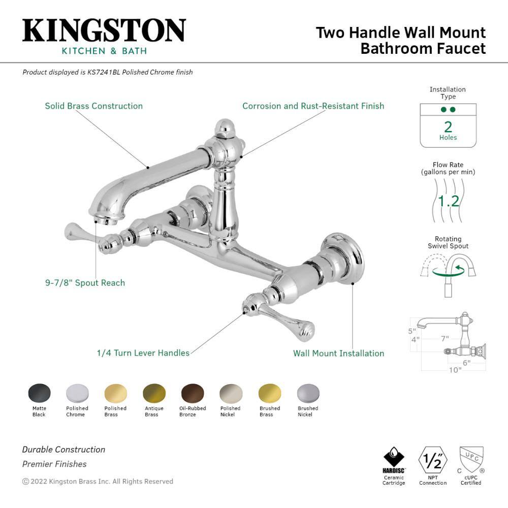 Kingston Brass English Country Double Handle Wall Mounted Faucet Bathroom in Brushed Nickel HKS7248BL