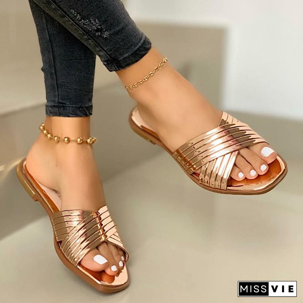 Women Slippers Beach Summer Shoes Women Slip On Bling Gold Flat Slides New Outdoor Shoes Female Casual Sandals Plus Size