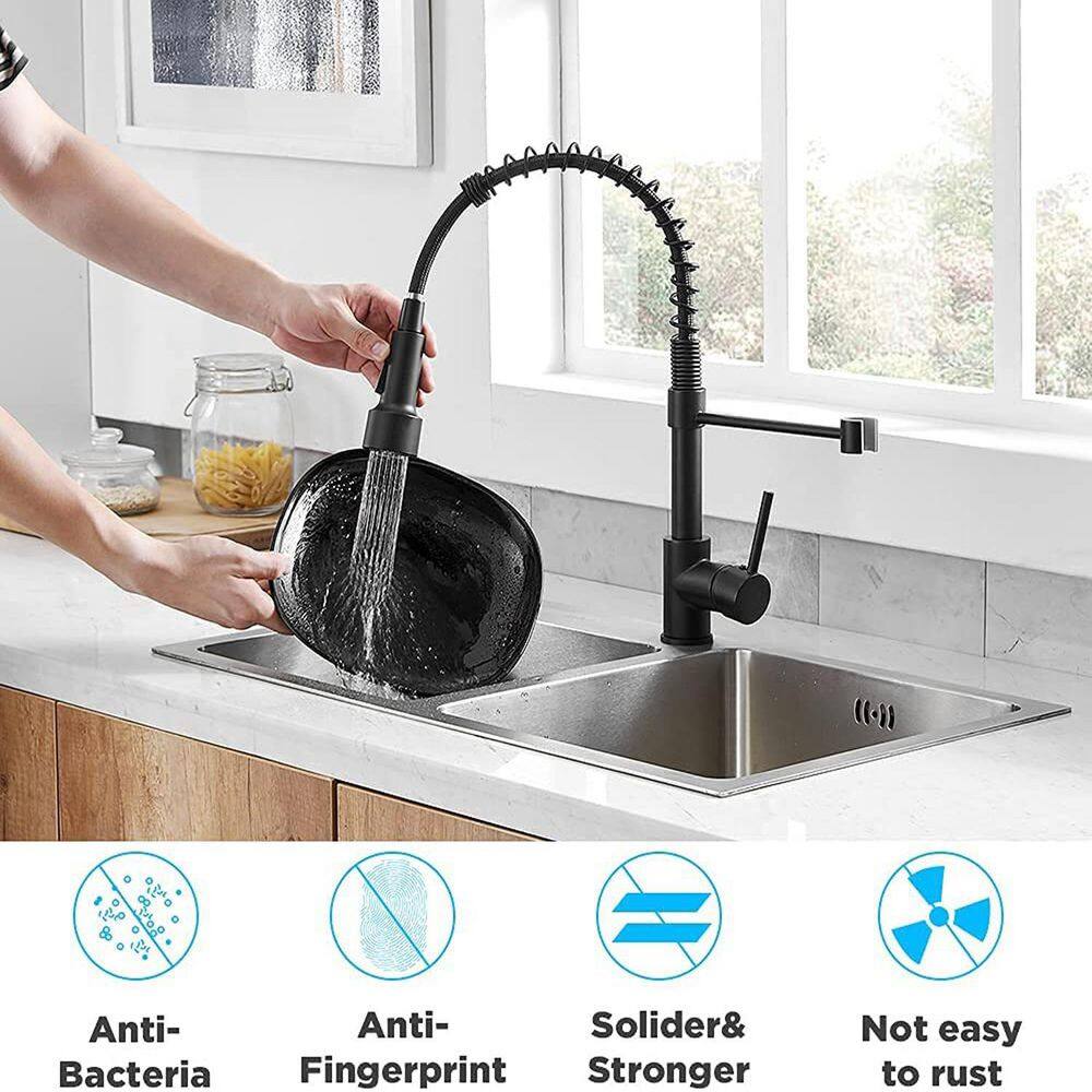 GIVING TREE Single-Handle Spring Spout Pull Out Sprayer Kitchen Faucet with LED Light in Matte Black HDLTQA0004