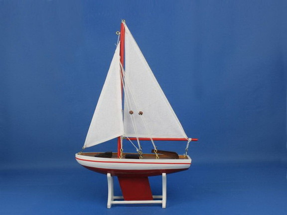 Handcrafted Model Ships Sailboat Red White Sails 1...